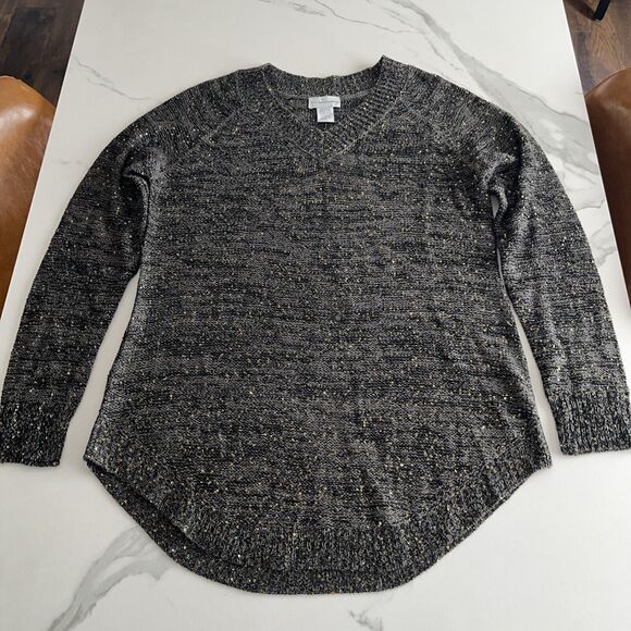 Soft Surroundings Small Sweater Tunic Sequin Sparkle Gray V Neck Holiday - Picture 1 of 7